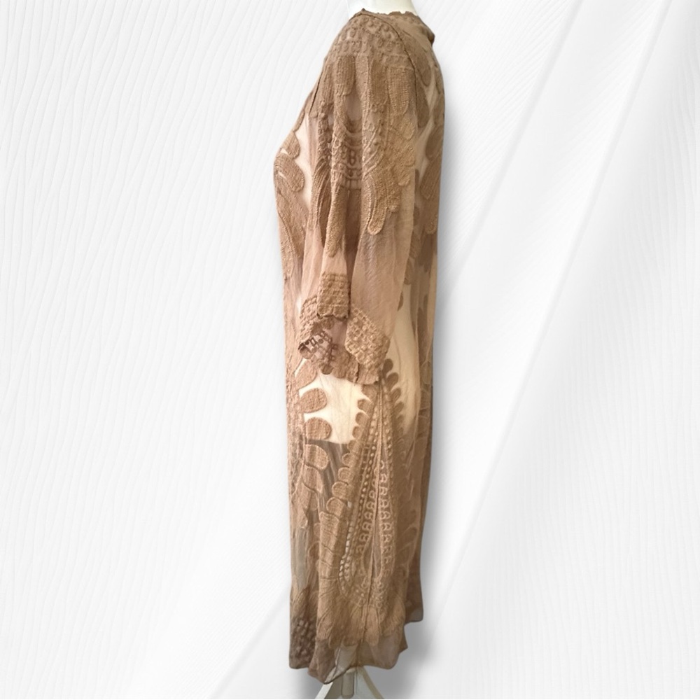 Rebellion Women's Tan Lace Floral Long Open Kimono Duster Size Medium - Picture 6 of 11